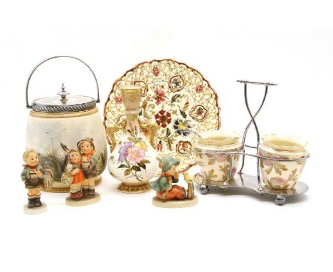A Continental porcelain inkwell, with hand painted classical scene with Augustus Rex monogram verso, together with a serieswa
