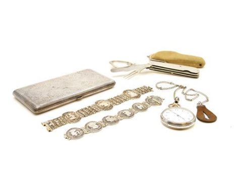 A Dennison silver 'Pinnacle' pocket watch, engraved cigarette case, two silver bracelets and a plated Mappin &amp; Webb Trust