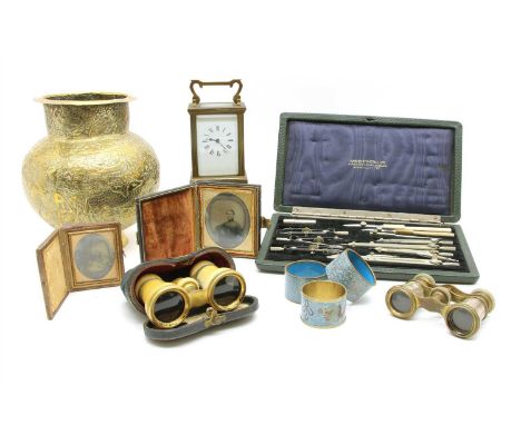 A box of miscellanea, including a silver topped decanter, brass carriage clock, ivory opera glasses, etc.