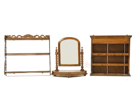 A small Victorian mahogany set of hanging wall shelves, together with a mahogany dressing mirror on turned supports and an oa