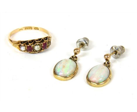 A 15ct gold ruby, simulated pearl and split pearl ring, and a pair of gold opal drop earrings (backs not gold), 1.46g, 2.37g,