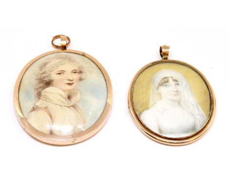 A 19th Century portrait miniature of a lady , on ivory with convex glass, 6.2cm x 5cm, frame tests as approximately 10ct, tog