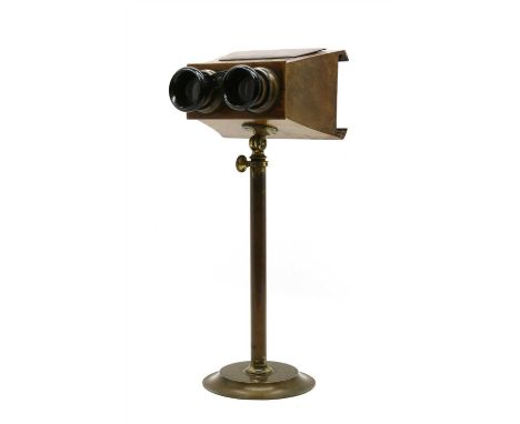 A Victorian burr walnut and brass stereoscopic viewer and slides, together with a 19th century rosewood work box, tea caddy, 