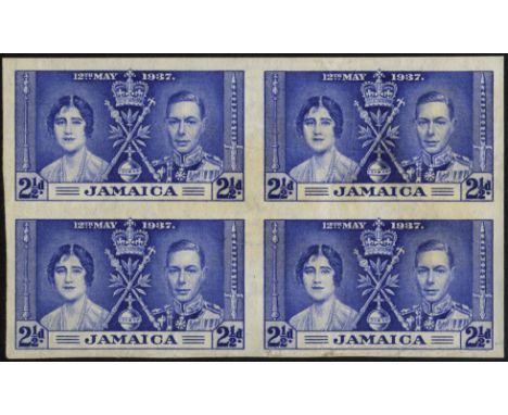 Jamaica. 1937 2½d Coronation. A mint imperforate block of four on gummed, watermarked paper, stained and creased. Status unkn