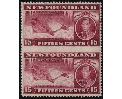 Newfoundland. 1937 15ct Coronation perf 13½, unmounted mint vertical pair imperforate between, the lower stamp with a small i