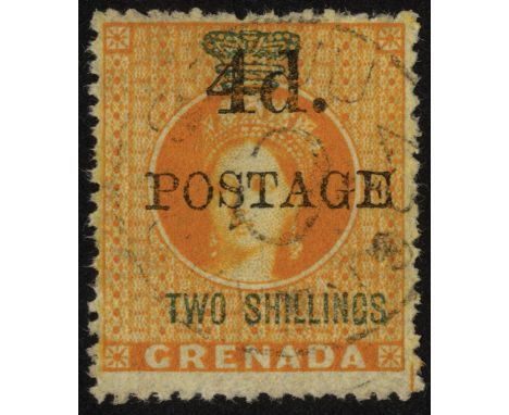 Grenada. 1888 4d on 2/- orange Revenue stamp, R5/6 upright 'd' in surcharge, light code 'C' village cancel. Difficult so fine