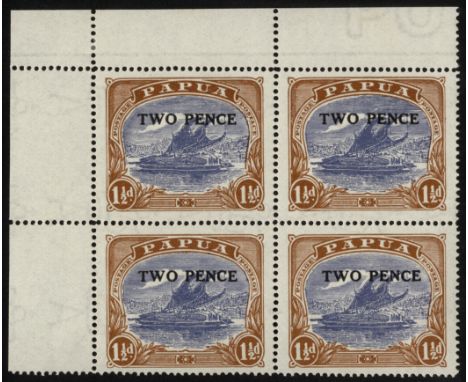 Papua. 1931 2d on Mullett 1½d cobalt and light brown corner block of four hinged on selvedge only, R1/1 POSTACE. SG 121, a (£