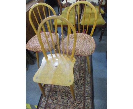 Three Ercol spindle back beech chairs of two different designs, one A/F (complete, just requires re-gluing) 