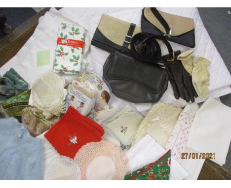 A quantity of vintage linen and crotchet together with belts, gloves, scarves to include Jacqmar silk examples, clutch bags, 