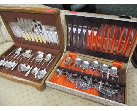 A Ryalls silver plated six setting canteen of cutlery, cased, together with a Retro Austrian Berndorf stainless steel six set