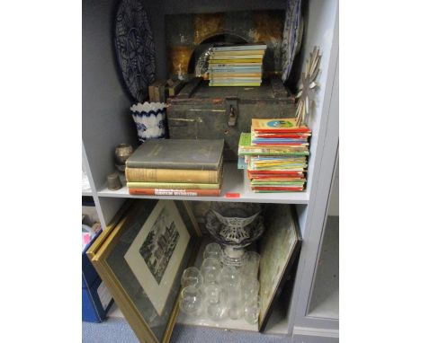Vintage books on Furniture and children's books together with mixed items to include a military wooden box, ceramics and prin