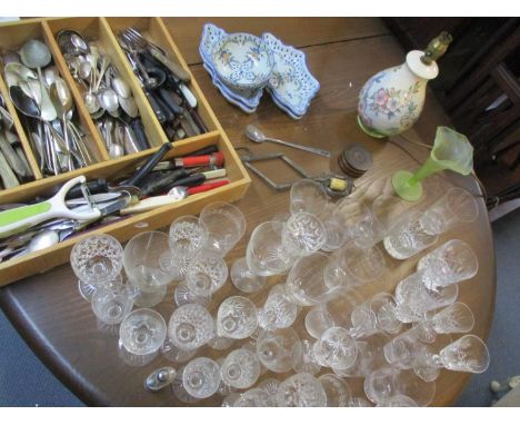 Mixed household items to include Faience pottery, a Moorcroft table lamp, mixed cutlery, flatware and domestic glass 