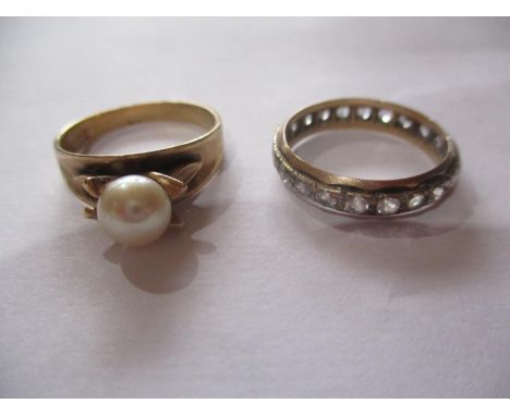 A 9ct gold and pearl ring, UK size letter Q, total weight 3.58g together with a 9ct full eternity ring with white stones, UK 