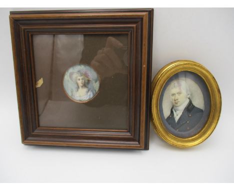 Two framed portrait miniatures, one depicting a lady wearing a wig and hat, possibly 18th century French School, 4.8 cm diame
