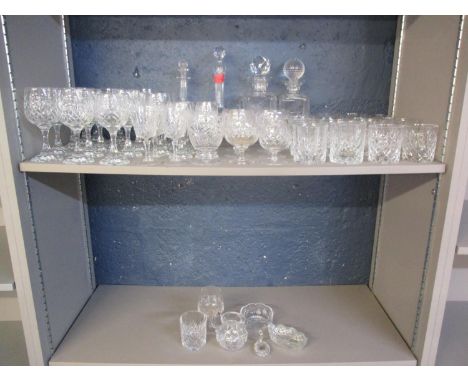 Stuart crystal tumblers and others, four decanters and an enamelled Port label, mixed wine glasses and glass trinket dishes 