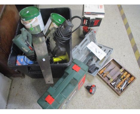 A quantity of miscellaneous tools and pots of paint to include a Black &amp; Decker jigsaw, a cordless screwdriver, a Power D
