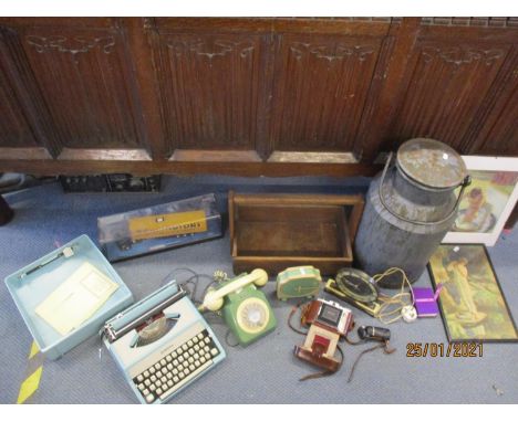 A painted vintage aluminium milk urn A/F together with a vintage treen box with handle, a Smiths electric mantle clock and an