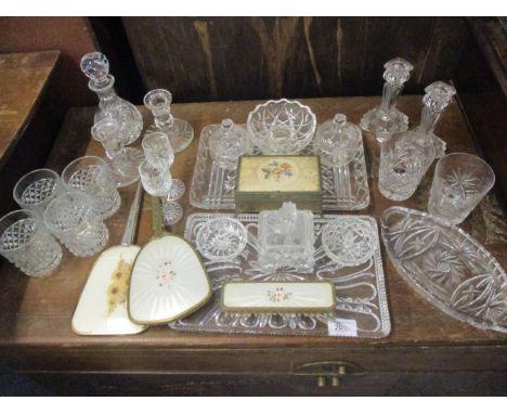 A small quantity of miscellaneous cut glassware to include dressing table items, tumblers and candlesticks and mid 20th centu