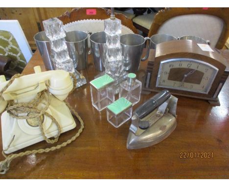 Six Don Pewter tankards, a pair of 'glass cube' table lamps A/F, a vintage cream telephone A/F, a mantle clock and a vintage 