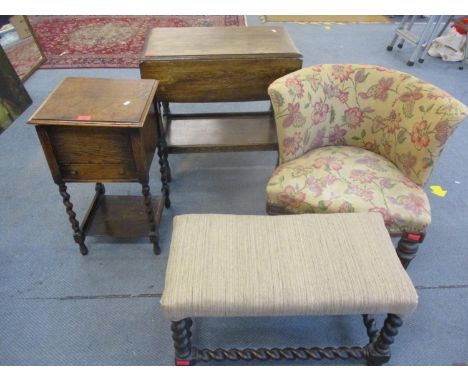 Small furniture comprising a small oak sewing chest with contents, a barley twist framed duet stool 38 x 66 x 33cm, an oak fr