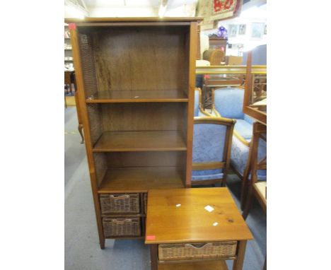 A modern rattan and hardwood shelf unit with four inset baskets and a side table to match 