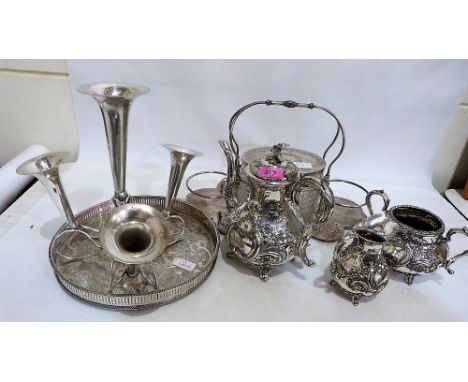 A three piece plated tea service, an epergne, bottle stand and a gallery tray