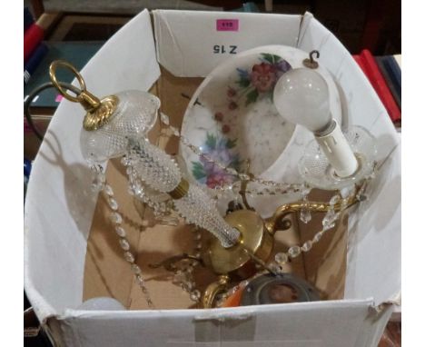 A three light electrolier and two vintage lamp shades