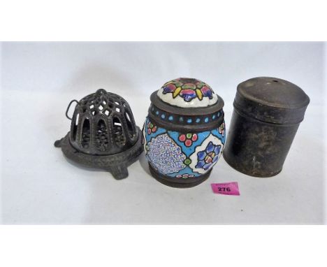 A cast iron string dispenser box and two others in toleware or enamel
