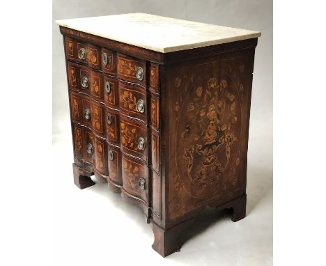 DUTCH COMMODE, 18th century walnut and satinwood foliate inlay with four wavy fronted drawers and grey veined white marble, 7