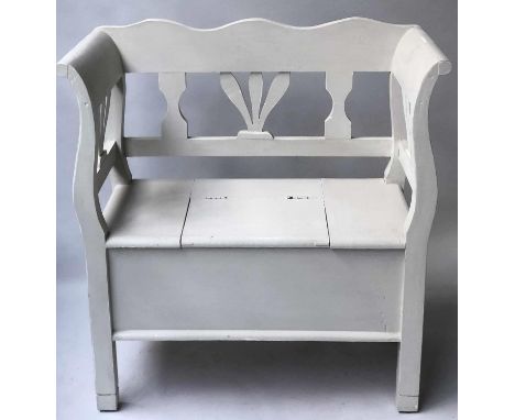HALL SETTLE, vintage Swedish style traditionally grey painted with leaf back, 86cm W. 
