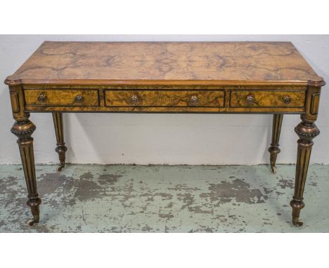 HOLLAND &amp; SONS ATTRIBUTED WRITING TABLE, Victorian, burr walnut and ebonised, with three drawers and ceramic castors, 73c