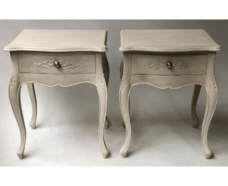 BEDSIDE/LAMP TABLES, a pair, Louis XV style grey painted, each with a drawer, 52cm x 64cm H x 39cm. (2) 