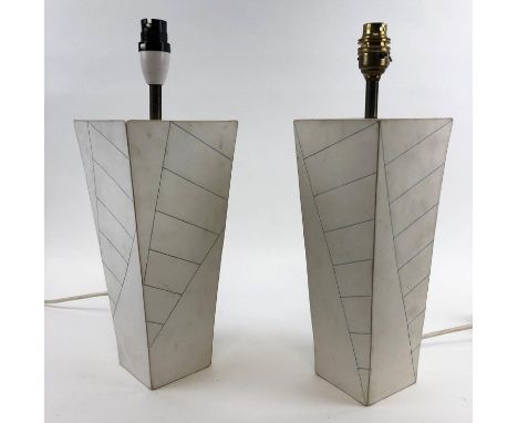STUDIO POTTERY TABLE LAMPS, possibly John Benning, grey ceramic with darker lines of square tapering forms. 