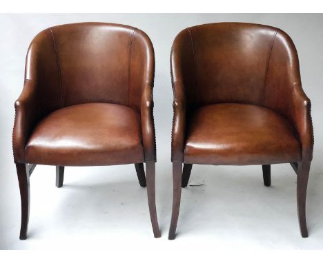 TUB ARMCHAIRS, a pair, vintage hand dyed mid brown leather upholstered, 55cm W. (2) 