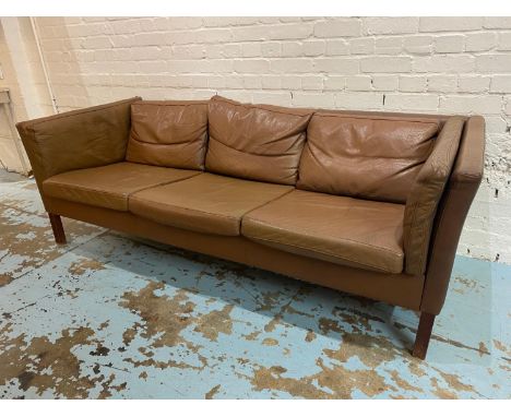 DANISH SOFA, 1970's design teak and soft tan leather upholstered, with seat, back and side cushions. 198cm W. 