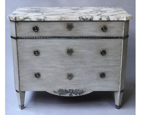 COMMODE, Gustavian style, grey painted and silvered metal mounted with three long drawers and breche violette marble top, 95c