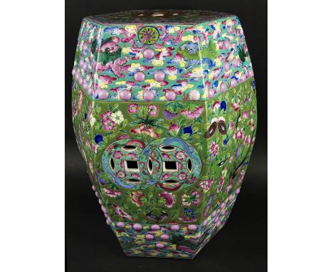 CHINESE CERAMIC HEXAGONAL GARDEN SEAT, 19th/20th century with pierced double cash motifs bands of raised nodes, painted with 