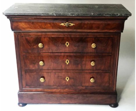 HALL COMMODE, 19th century French Louis Philippe flame mahogany and gilt metal mounted with marble top and four long drawers,