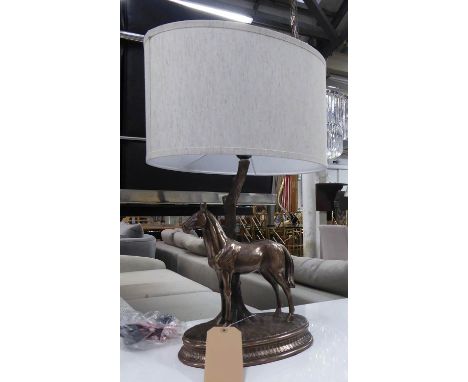 TABLE LAMP, sculptural stallion by the tree, with shade, 63cm H. 