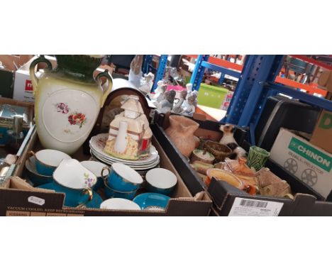 2 boxes of ceramics to include Capodimonte dog figure, ornaments, Windsor part tea set, cottage ware, bracket clock etc