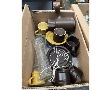 A box of Portmeirion pottery, circa 1970 including cups, saucers and sugar bowl together with two cut glass vases.
