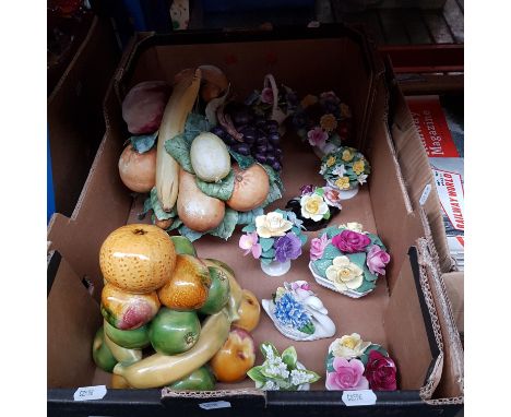 A box containing 2 ceramic displays of fruit, together with 9 ceramic posies
