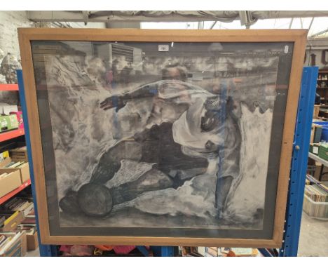 A framed pastel drawing of Preston North End and England footballer Sir Tom Finney, signed 'P Hodgkinson, 1998', 89cm x 105cm