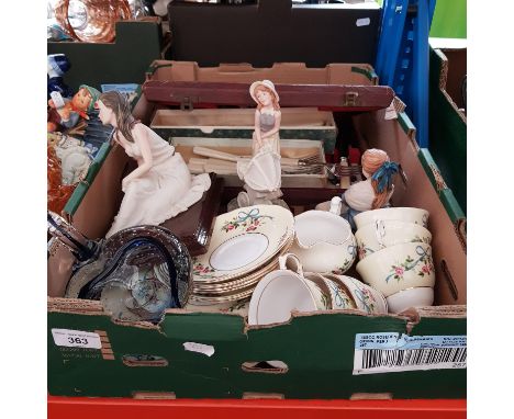A box containing figurines, Colclough china, boxed cutlery including canteen etc