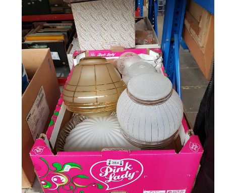 A box of assorted glass light shades to include cut glass, approx 11 shades.