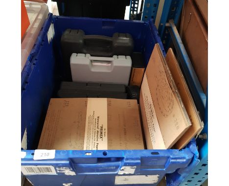 A box of abrasive paper and assorted tools to include a rotary grinder, socket set, mpact wrench, screwdriver set and 2 small