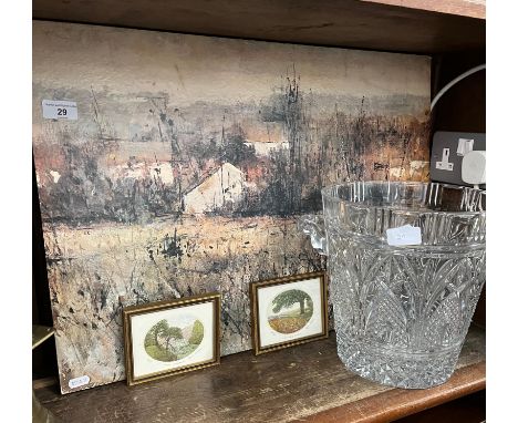A pressed glass ice bucket and two limited edition Stephen Whittle coloured etchings and an impressionist print and two white