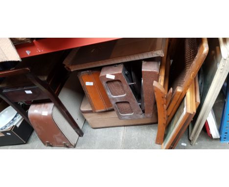 A mixed lot to include badminton racquets, pictures, folding fire screen, vintage suitcase, record player and tool case, sewi