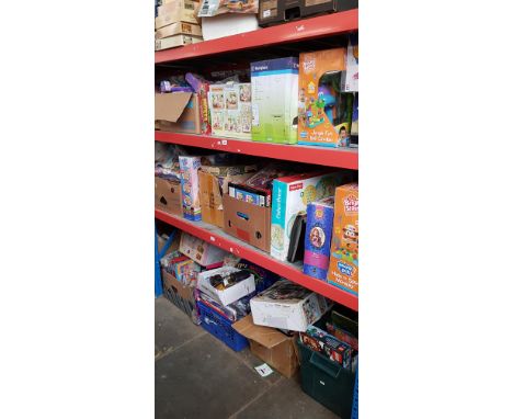3 shelves of boxed toys including Lego, Sylvanian Families, boxed dolls, jigsaws, playing cards etc