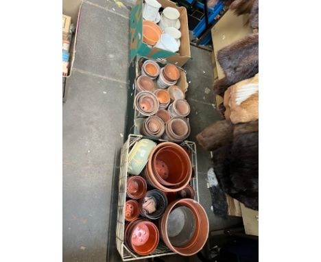 Three boxes of plant pots and planters including ceramic, terracotta, and plastic